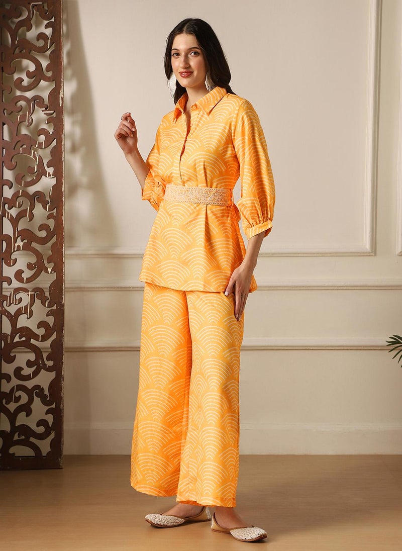 Globus Women Yellow Shirt Collar Puff Sleeves Abstract Print Tunic With Palazzos & Embroidered Belt Fusion Co-Ord Set - Image 3